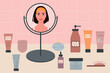 A girl stands in front of a mirror in the bathroom. Daily beauty routine in front of the mirror at home. Face and body care. Flat vector illustration, EPS 10.