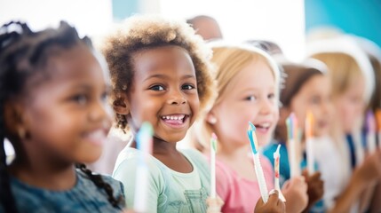 Closeup of a group of children receiving dental hygiene education at a schoolbased health fair.