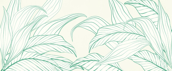 Wall Mural - Tropical art background with leaves of exotic plants in line art style. Vector botanical banner for decoration, print, textile, wallpaper, interior design, poster.
