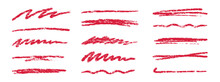 Crayon Brush Stroke Red Underline. Chalk Pen Highlight Stroke. Vector Hand Drawn Brush Underline Element Set For Accent, Crayon Texture Emphasis Element. Red Chalk Vector Illustration
