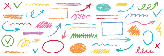 Aufkleber - Chalk scribble arrow, line brush set. Crayon arrow, underline, handwritten mark check elements. Vector hand drawn scribble crayon, marker color brush texture. Rough chalk vector illustration