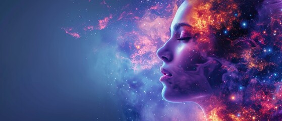 Wall Mural - beautiful fantasy abstract portrait of a beautiful woman double exposure with a colorful digital paint splash or space nebula