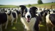 A black and white border collie herding a flock of sheep along a country road, barking energetically to keep them in line.