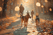 A Woman Is Walking White Dogs In Autumn