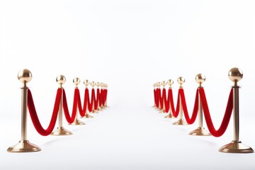  Red carpet with red rope barrier in a row. VIP event 