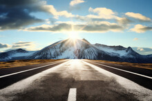  Asphalt Road, Snow Capped Mountain Background 