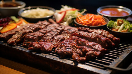 Wall Mural - korean BBQ LA galbi with blurred vegetables