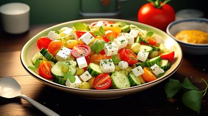 Wall Mural - Fresh Greek salad with cucumber, tomato, sweet pepper, lettuce, green onion, feta cheese