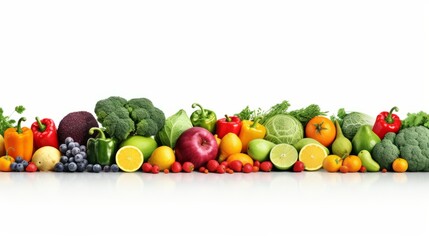 Wall Mural - Wide collage of fresh fruits and vegetables for layout isolated on white background. isolated on white background,. Created using Generative AI Technology