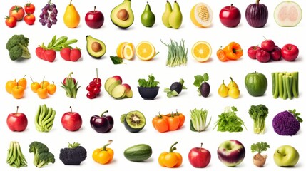 Wall Mural - Wide collage of fresh fruits and vegetables for layout isolated on white background. isolated on white background,. Created using Generative AI Technology