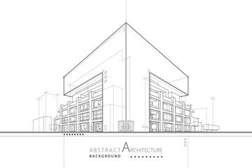 Aufkleber - 3D illustration abstract urban building out-line drawing of imagination architecture building construction design.