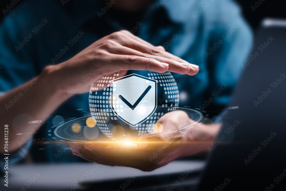 Businessman with virtual cyber security technology and online data ...