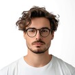 © SayLi - a face portrait of a handsome white caucasian man with wavy curly hair and a well groomed beard wearing glasses. isolated on white studio background in square format.