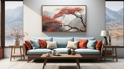 Painting on white wall, above sofa in living room interior