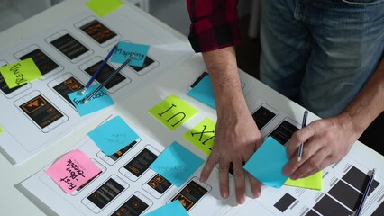 UX developers, UI designers think about designing creative mobile app interface layouts Application planning sketch Prototype development process with customer code and color code online business work