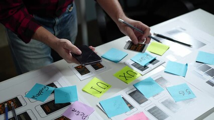 UX developers, UI designers think about designing creative mobile app interface layouts Application planning sketch Prototype development process with customer code and color code online business work