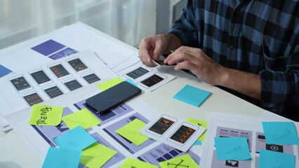 UX developers, UI designers think about designing creative mobile app interface layouts Application planning sketch Prototype development process with customer code and color code online business work