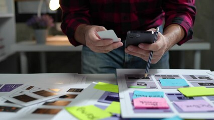 UX developers, UI designers think about designing creative mobile app interface layouts Application planning sketch Prototype development process with customer code and color code online business work