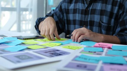 UX developers, UI designers think about designing creative mobile app interface layouts Application planning sketch Prototype development process with customer code and color code online business work