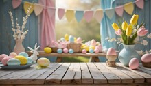 Easter Still Life With Eggs And Flowers, Springtime Joy With An Empty Wooden Table Adorned In Easter Pastels. The Soft Hues Of Pink, Blue, And Yellow Set The Stage For A Delightful Spring Celebration.