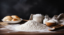 Baking Background. Cooking Ingredients For Dough, Eggs, Flour, Sugar, Butter, Rolling Pin 