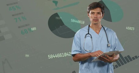 Canvas Print - Animation of financial data processing over caucasian male doctor