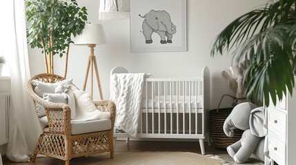 Wall Mural - Baby room with chest of drawer, unisex white cot, big toy elephant, home plant, armchair and floor lamp. Nursery in Japandi or Scandinavian Style. Interior Background