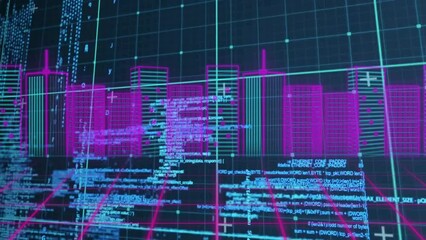 Sticker - Animation of data processing over digital cityscape on black background