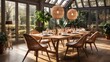 Stylish dining room interior with family table, rattan chairs and lamp, plants, tableware, carpet, decorations