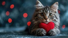 A Red Knitted Heart In The Paws Of A Cat. A Postcard With A Gray And Black Fluffy Cat For Valentine's Day.