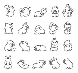 Wall Mural - Kawaii happy capybara. Coloring Page. Cute cartoon funny animals character. Hand drawn style. Vector drawing. Collection of design elements.