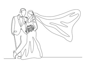 Wall Mural - Continuous single line sketch drawing of romantic wedding couple groom and bride elegant suit and dress. One line art of  married couple wedding celebration day hug kiss pose vector illustration