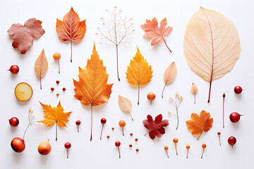Wall Mural - Autumn colorful leaves on white background with copy space.