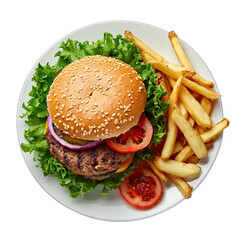 Plate of Burger isolated on white background, top view