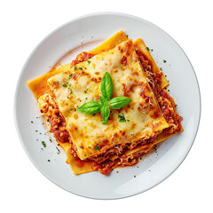 Plate of Lasagna isolated on white background, top view