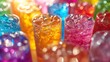 Colorful party drinks with bubbles and bokeh background.