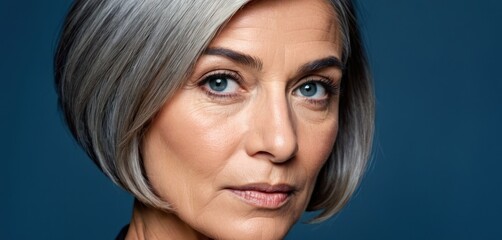  an older woman with grey hair and blue eyes looking at the camera with a serious look on her face with a serious look on her face.