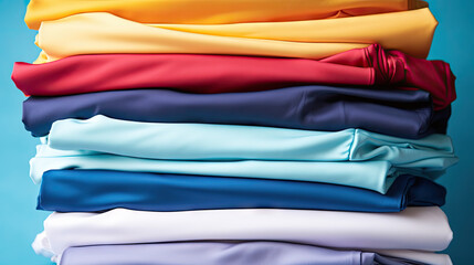 Wall Mural - Stack of colorful t-shirts on blue background, Pile of various colored shirts