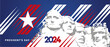 Happy Presidents Day Rushmore USA landscape color background banner. USA Presidential Election 2024. USA star with american flag colors and symbols