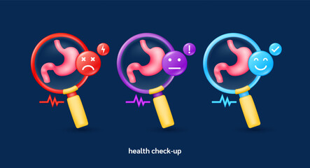 Wall Mural - Stomach in magnifying glass looking diagnose with icon sadly face worried and smiling. Pulse, thunder, exclamation, check mark. Medical health care check up. 3d organ anatomy cartoon vector.