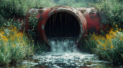 Canvas Print - Water flow stops away from the sewer into the river, which is grass-covered coast.