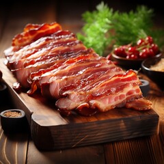 Wall Mural - Fresh tasty bacon on wooden background. Fresh bacon.
