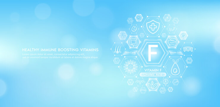 vitamin f or linoleic acid with medical icons. vitamins minerals from natural essential health skin 