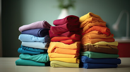 Wall Mural - Stack of colorful t-shirts on blur background, Pile of various colored shirts