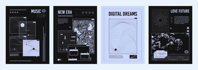 Poster or cover design in y2k aesthetic style in black and blue colors with abstract grid shapes and surfaces, pixel images and typography. Vector set of brutalism template with wireframe elements.