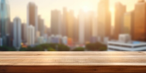 The empty wooden table top with blur background of business district and office building in autumn. Exuberant image. generative ai