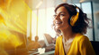 A youthful and approachable female operator wearing a headset, diligently working in a call center