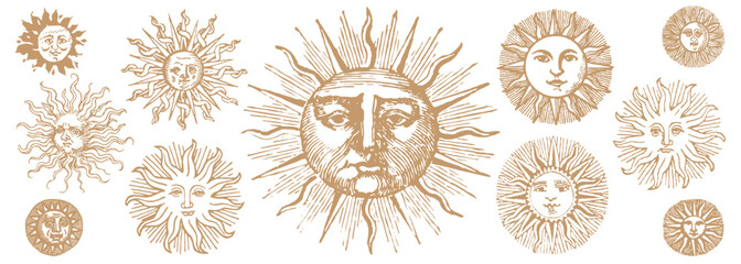 engraving sun. solar system exploration. vintage drawing style sun faces. medieval hand drawn. mysti