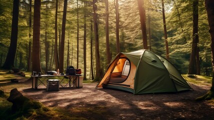 camping picnic tent campground in outdoor hiking forest.