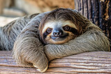 Fototapeta  - A smiling sloth resting comfortably among tree branches, showcasing its adorable and tranquil nature in a natural habitat.